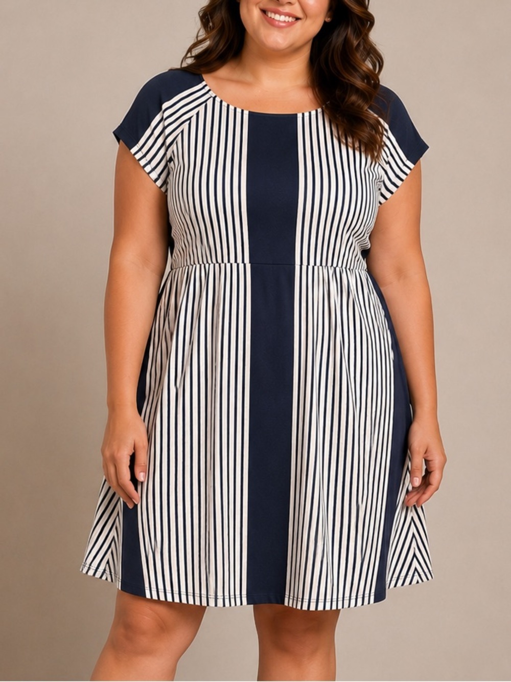 Navy and White Striped Fit & Flare Mini Dress XL Pit 19”
Length 35” some stretch